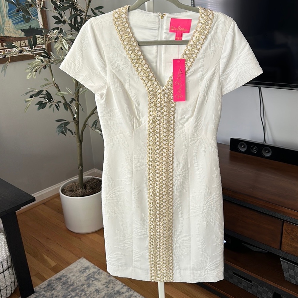 Lilly Pulitzer. White and gold embroidered NWT dress. Size 2